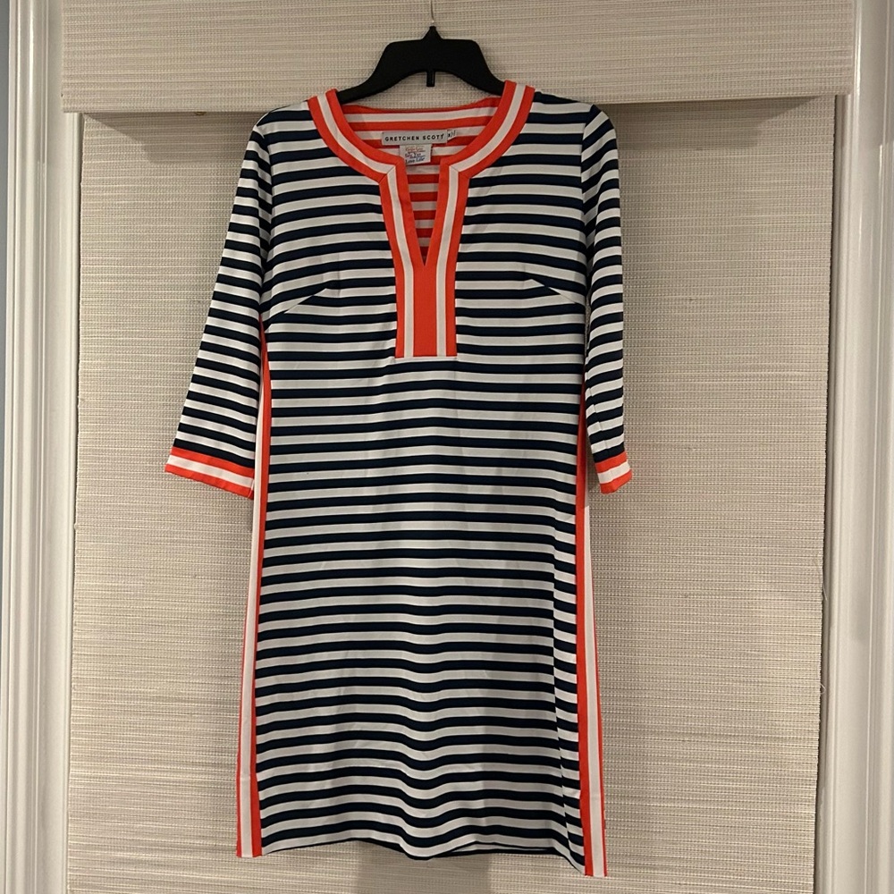Gretchen Scott Navy Blue, White, and Orange Striped Dress
